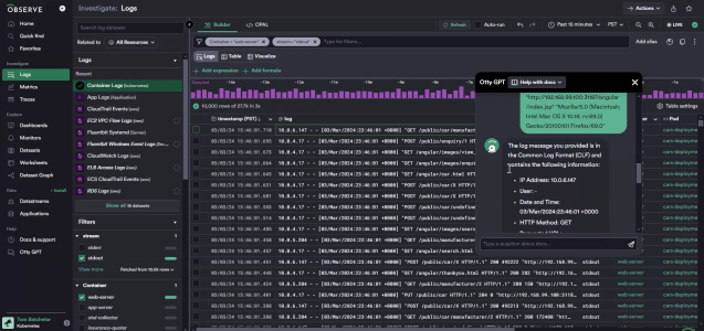 O11y GPT in Observe, Inc. using Generative AI to explain a log message